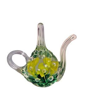 Vtg Joe St Clair art glass teapot paperweight ring holder Yellow & Green flowers